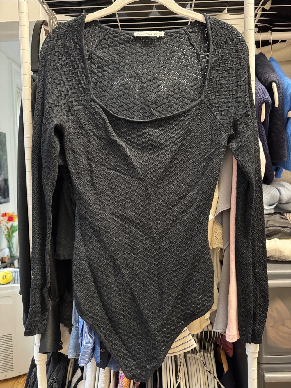 Abercrombie & Fitch Black Textured Long-Sleeve Scoop-Neck Bodysuit